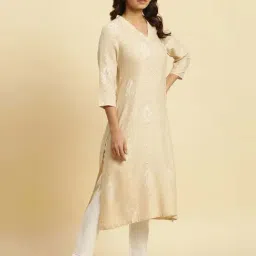 W Beige Printed Straight Kurta image 4