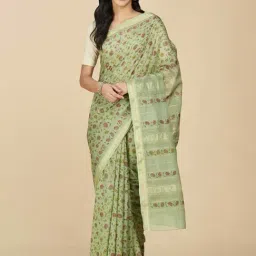 Fabindia Green Cotton Silk Hand Block Print Saree Without Blouse Piece-image-56