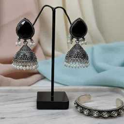 Shree Maruti Silver-Plated Artificial Stones Studded & Beaded Dome Shaped Jhumkas image 3
