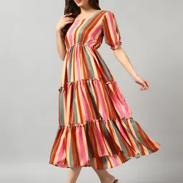 Raiyani Enterprise Women Striped Square Neck Fit and Flare Dress-picture-40