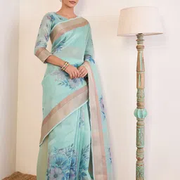 House of Pataudi Floral Printed Zari Saree with Unstitched Blouse image 2