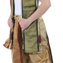 prakasam cotton Mens Asha Silk Panchakacham Ready to wear dhoti towel set with pocket/Panchakacham dhoti with Angavastram (Stitched Dhoti with Pocket image 4
