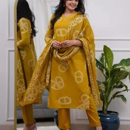 HERE&NOW Women Printed Regular Thread Work Chanderi Silk Kurta with Trousers & With Dupatta image 5