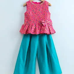 Twisha Girls Sleeveless Floral Swirl Foil Designed Peplum Top With Palazzo - Pink & Turquoise Blue-image-98