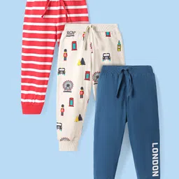 Babyhug Single Jersey Knit Full Length Lounge Pants with Stripes & Vehicle Print Pack Of 3 - Red White & Navy Blue-picture-14