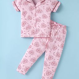 Doreme Single Jersey Knit Half Sleeves Night Suit With Grateful Print - Pink-image-47