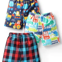 Babyhug Cotton Woven Above Knee Length Boxers With Checks & Vehicle Print Pack Of 3 - Blue-image-78