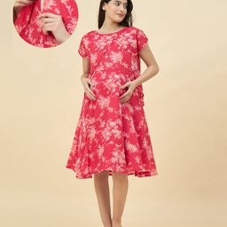The Kaftan Company Cotton Woven Half Sleeves Floral Printed Maternity Dress With Concealed Zipper Nursing Access - Red-picture-5