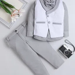 Fourfolds Cotton Blend Woven Full Sleeves Geometric Textured 3 Piece Party Suit With Bow Set - Grey-picture-13