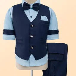 Rikidoos Full Sleeves Solid 3 Piece Party Suit Set With Bow - Navy Blue & Light Blue-picture-24