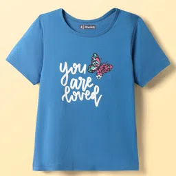 Pine Kids Cotton Knit Half Sleeves Night Suit With Text & Butterfly Print - Blue image 2