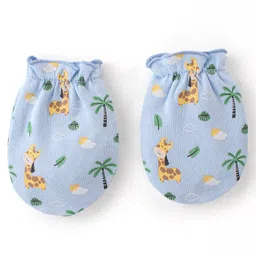 Babyhug 100% Cotton Cap Mittens & Booties Set Giraffe Print  - Blue image 3