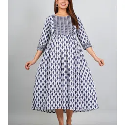 Kaheksa Cotton Three Fourth Sleeves Leaves Printed Maternity Dress With Nursing Access - White image 4