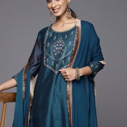 Varanga Floral Embroidered Sequinned Chanderi Silk Kurta With Trousers & With Dupatta-picture-36