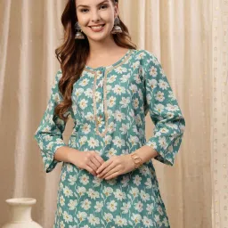 Zelena Cotton Zipless Short Kurti - Embroidered Neck, Maternity Nursing - Floral Teal-image-65