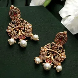 Priyaasi Peacock Pearl White & Pink Dangler Earrings-picture-15