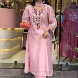 C J Enterprise Women Ethnic Motifs Embroidered Regular Mirror Work Kurta with Trousers & With Dupatta image 5