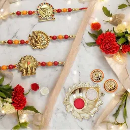 MEIRA JEWELLERY Set Of 3 Stone-Studded & Beaded Rakhi With Greeting Card Gift Set-picture-21