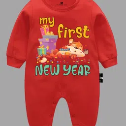 The Peppy Tend New Year Theme Full Sleeves My First New Year Text Printed Unisex Romper - Red-picture-6