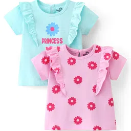 Doodle Poodle 100% Cotton Knit Half Sleeves Text & Floral Printed Tops Pack of 2 - Blue & Pink-picture-27