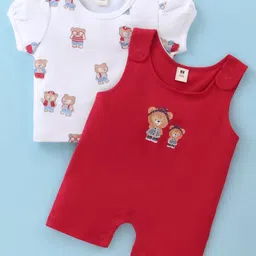 Toffyhouse Cotton Half Sleeves T-Shirt & Dungaree Style Romper Bear Print - White & Red-picture-13