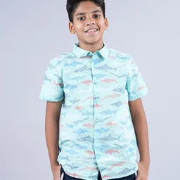 Kiddopanti Cotton Half Sleeves Fish Printed Shirt - Aqua Blue-picture-14