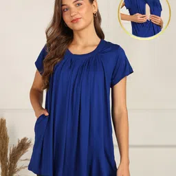 Zelena Viscose Half Sleeves Solid Extra Stretchable Maternity Top With Concealed Zipper Nursing Access - Blue-picture-11