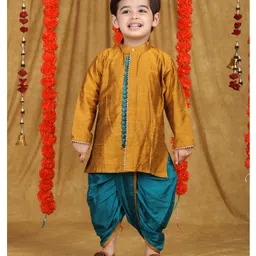 Polka Tots Cotton Full Sleeves Solid Kurta With Dhoti - Golden-picture-23