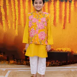 BownBee Pure Cotton Full Sleeves Solid Kurta Pyjama With Floral Printed Jacket - Yellow-picture-31