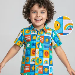 Babyhug Cotton Woven Half Sleeves Shirt With Smiley Print - Blue-image-88