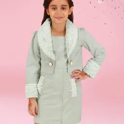 Cutecumber Fur Detailed Dress With Full Sleeves Coordinating ShrugSet - Green-picture-11