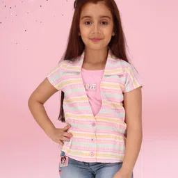 Cutecumber Half Sleeves Striped Shirt Style Top With Love Text Patch Detailed Attached Inner - Pink-picture-14