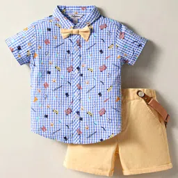 ToffyHouse Poplin Woven Half Sleeves Checks & Printed Shirt & Shorts With Bow & Suspender - Blue & Khaki-picture-16