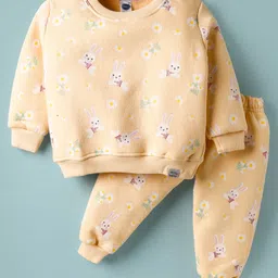 Teddy Knit Full Sleeves Co-ords Fleece Winter Night Suit with Bunny & Floral Print - Yellow-picture-31