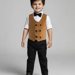 Babyhug Woven Full Sleeves Solid Color 3 Piece Party Suit with Bow - Tan-picture-15