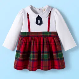 ToffyHouse Cotton Knit Full Peasant Sleeves Checkered Frock with Peter Pan Collar & Attached Tie - Red-picture-22