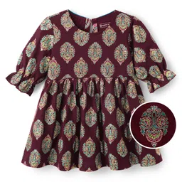 EARTHY TOUCH Single Jersey Knit Full Sleeves Ethnic Dress With Foil Floral Print - Maroon-picture-11