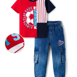 OLLINGTON ST. Cotton Knit Half Sleeves Text Printed T-Shirt & Denim Joggers Set - Multicolor & Blue-picture-16