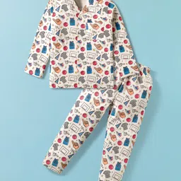 CUCUMBER Sinker Knit Full Sleeves Printed Co-ord Night Suit - Ivory-picture-10