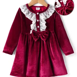 Mark & Mia Woven Full Sleeves Frock With Bow Applique & Frill Detailing - Maroon image 2