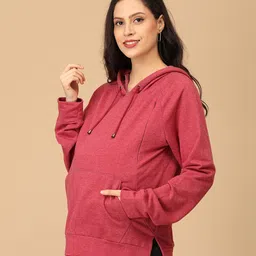 The Mom Store Cotton Knit Full Sleeves Solid Maternity Hooded Sweatshirt With Side Zipper Nursing Access - Crimson Red image 4