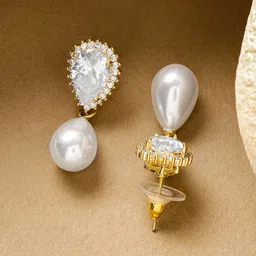 Rubans 18K Gold-Plated Cubic Zirconia Studded & Pearls Beaded Teardrop Drop Earrings image 3
