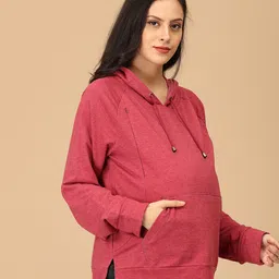 The Mom Store Cotton Knit Full Sleeves Solid Maternity Hooded Sweatshirt With Side Zipper Nursing Access - Crimson Red image 5