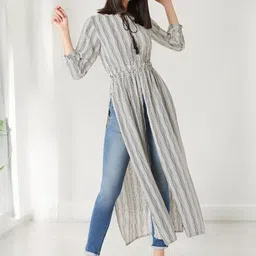 Miss Chase Women Striped Tie-Up Neck Longline Top-image-42