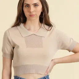 SHOWOFF Beige Regular Fit Crop Top-image-72