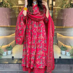 KALINI Floral Printed V-Neck Empire Anarkali Kurta With Palazzos & Dupatta image 3