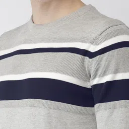 Celio Men Grey & Navy Blue Striped Sweater image 2