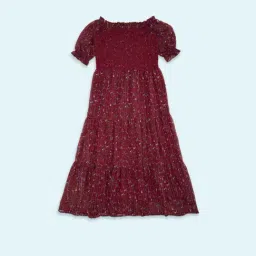 Pantaloons Junior Maroon Cotton Floral Print Dress-image-1