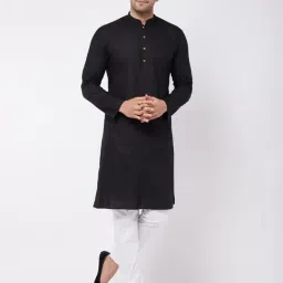 VASTRAMAY Black & White Regular Fit Cotton Linen Kurta & Pyjamas Set-picture-17