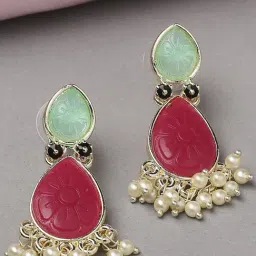 Oomph Rani Pink Firozi Ethnic Engraved Jaipur Stones Dangler Earrings-image-17